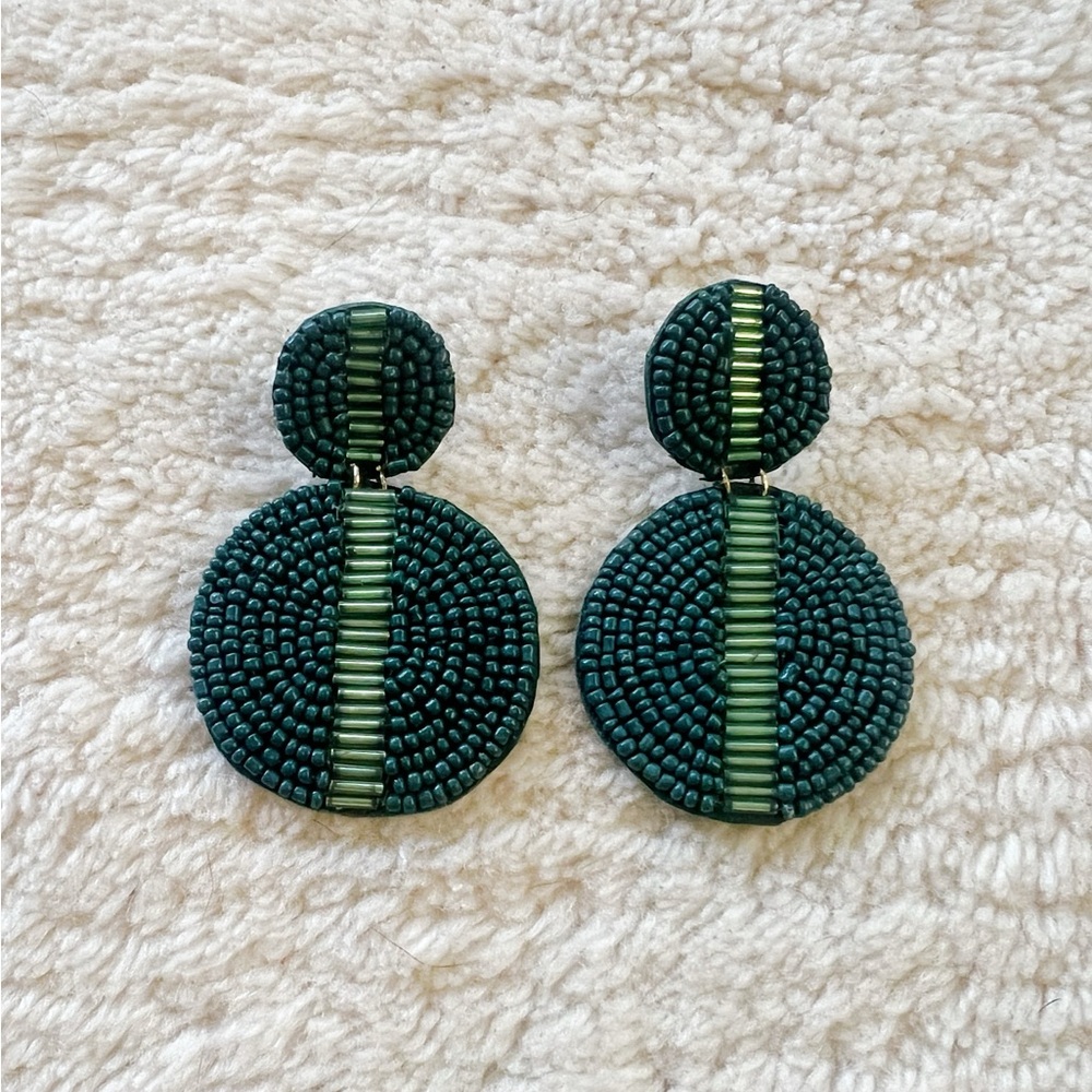 Bauble Bar Anthropologie Green Beaded Gold Disc Large Statement Earrings Holiday